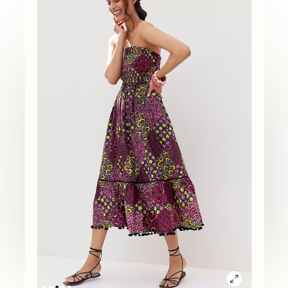 Anthropologie Smocked Abstract Midi Dress Pom Pom Fringe Patchwork size XSmall